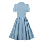 Tie Neck Button Up 50S Pinup Robes Women Vintage Pleated Swing Blue Elegant Retro Dress