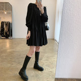Spring Autumn Long Sleeve Dress Black White Elegant Gathered Tiered Mini V Neck Loose Casual Dress
