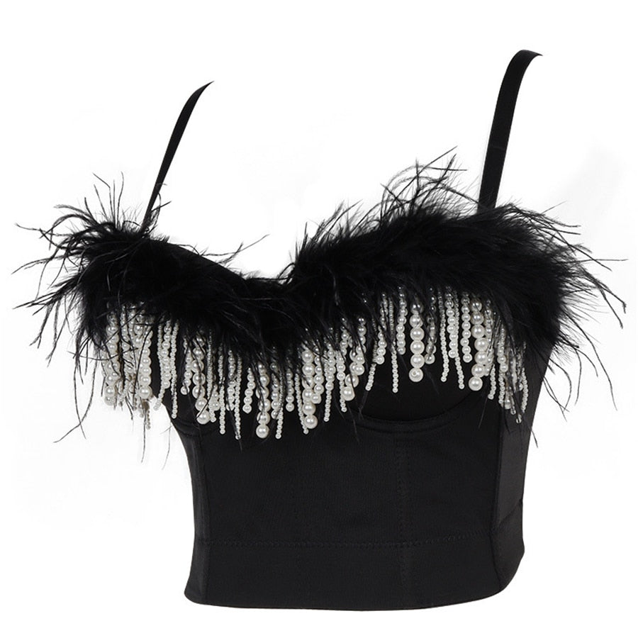 Spring Feathers Beads Sexy Short Sleeveless Top Women With Built In Bra Push Up Bralette Nightclub Performance Crop Tops