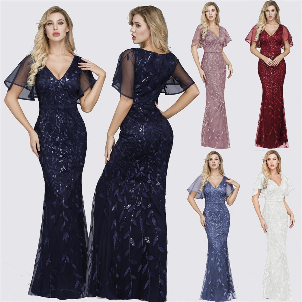 Sparkle Sexy Mermaid Evening Dresses Long Sequined V-Neck Sparkle Evening Gowns For Party