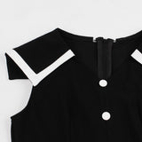 V Neck Button Front A Line Vintage Summer Sleeveless Women Black Retro Style Swing Dresses
