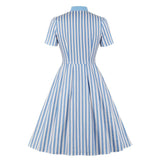 Striped Short Sleeve Cotton Button Up Robe Pin Up Swing Elegant Office Ladies Dresses
