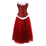 Burlesque Feathers Bustier Lingerie Vintage Floral Corset With Mesh Long Skirt Set Black Red Christmas Overbust Corset Dress