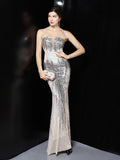 Slash Neck Sleeveless Shinning Sequin Sexy Mermaid Cocktail Dress Women Formal Full Length Stretch Slim Party Prom Gowns