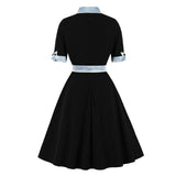 Contrast Bow Neck Black Vintage Robe A Line Winter Elegant Clothing Half Sleeve Swing Dress with Belt