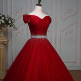 Off Shoulder Ball Beaded Evening Dress Party Elegant Short Sleeve Floor Length Vintage Tulle Prom Gowns