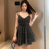 2021 Black Gothic Sexy Dress V Collar Vintage Spaghetti Strap Mesh Patchwork Mini Dresses 2021 Summer High Waist Dress For Women