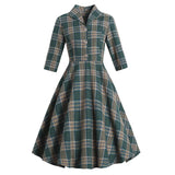 Autumn Retro 50s A Line Party Dress Plaid Print Cotton Shirt Robe Femme Single Button 3/4 Sleeve Hepburn Pin Up Swing Dresses