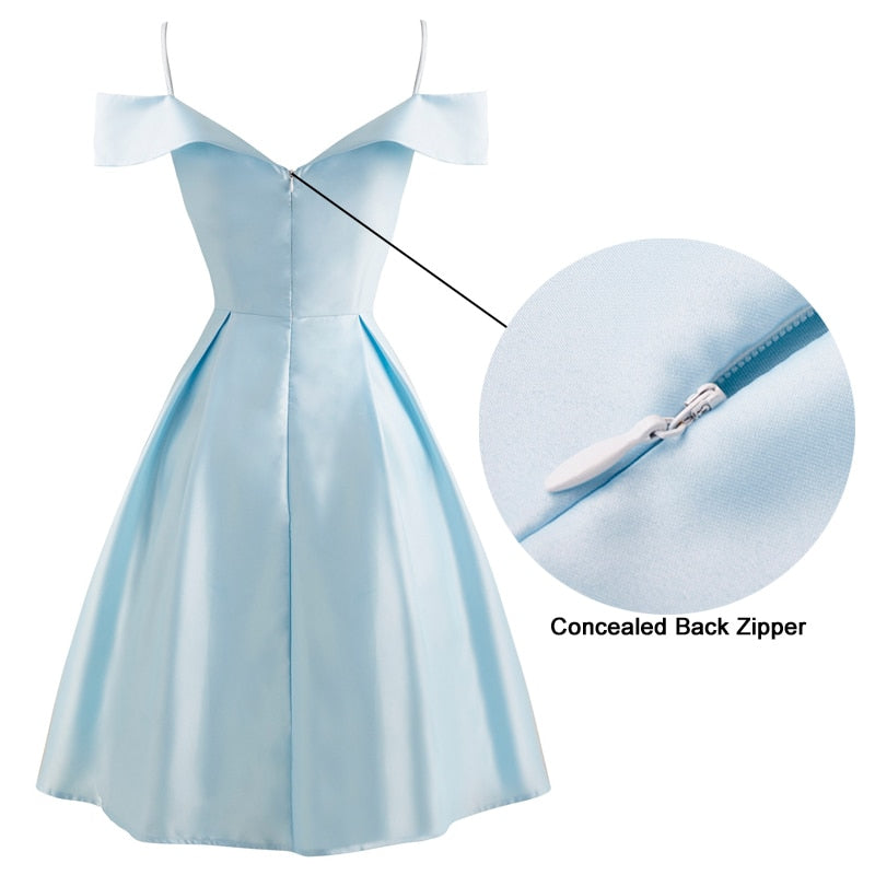 Spaghetti Strap Vintage Dress Light Blue Bow Front Solid Women Short Sleeve Elegant Ladies Formal Party Sling Vestidos