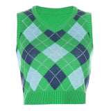 2021 School Y2K Sweaters Plaid Patched Knitwear Sleeveless V Neck Knitted Tank Top Preppy Style Pullovvers Crop Top Autumn Women