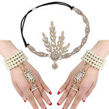 1920s Flapper Pearl Headband Bracelet Ring Inspired Leaf Simulated Jewelry Set