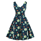 Cactus Print Sleeveless Cotton V Neck Robe Pin Up Swing Casual Retro Party Vintage Dresses