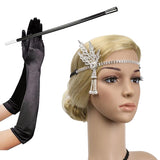 3pcs/set 1920s Flapper Great Gatsby Accessories Set Leaf Medallion Pearl Headband Black Gloves Cigarette Holder Costume