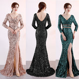 Sexy Backless V-Neck Long-Sleeve Evening Dress Split Floor-Length Formal Occastion Women Vestidoes Sequin Embroider Party Robes