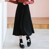 Women Black High Waist Pleated Skirts Korean Simple Style All-match Ladies A-line Long Skirt