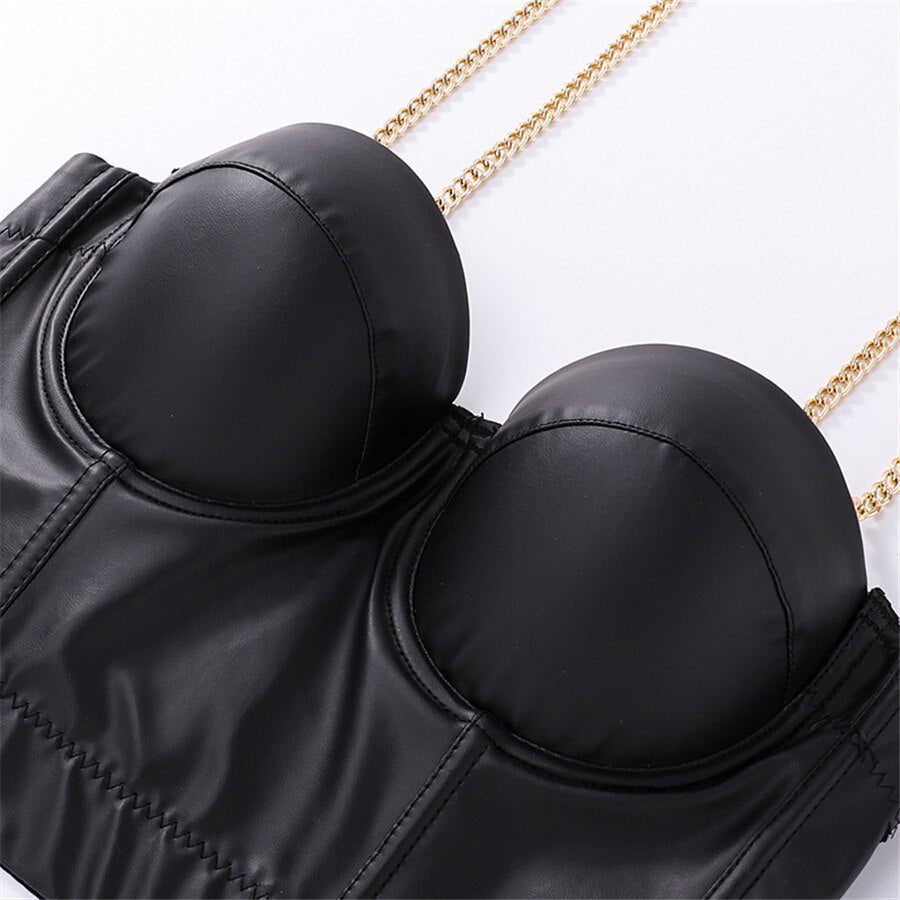 Camis Tops PU Leather Metal Chain Camisole Sexy Black Crop Top Women With Built In Bra Push Up Bralette
