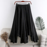 2021 Korean Style Irregular Skirt Retro Femme Jupes Solid Color Women Summer Black White High Waist Linen Midi Skirt falda