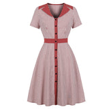 Vintage Single Breasted V-Neck High Waist Striped Casual Ladies Red A Line Flare Dress