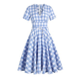 2021 White and Blue Plaid V-Neck Short Sleeve Women Summer Elegant Dress Vintage A-Line High Waist Midi Dresses with Belt