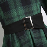 Green Plaid Elegant 1950s Style Vintage Robe V Neck High Waist Dress