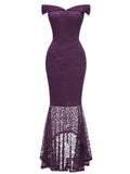 Off-Shoulder V-Neck Lace Party Dress Asymmetrical Long Wrap Cocktail Navy Blue Burgundy Purple Dress