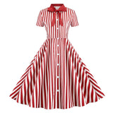 Tie Neck Striped Vintage Shirt Single Breasted Rockabilly Casual Swing Dress