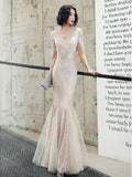 V-neck Champange Evening Dresses Mermaid Elegant Party Prom Gowns Cape Sequins Formal Occasion Dress