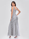 Sleeveless V-neck Tulle Sequins V-back Mermaid Party Prom Gowns Formal Embroidered Cocktail Dress