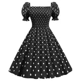 2021 Polka Dot Party Dress Elegant Women Summer Puff Short Sleeve Square Collar Elastic Waist Vintage Midi Sundress Casual Beach