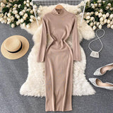 Woman Casual Solid Turtleneck Sweater Dress Bodycon Long Sleeve Midi Elegant Autumn Winter Dress