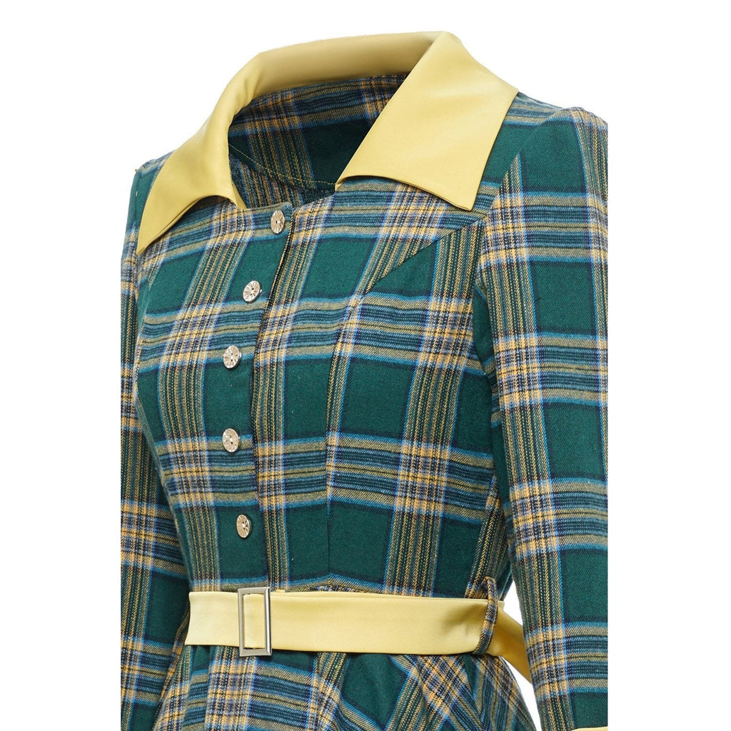 3/4 Long Sleeve Green Plaid Women Party Dress Gingham A Line Tunic Midi Shirt Style Button Up Rockabilly 50s Cotton Dresses Belt