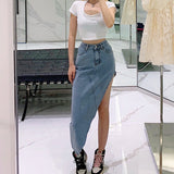 Hip Hop Asymmetrical Skirt High Waist Split Side Design Wrap Long Punk Casual Ligh Blue Denim Solid Color Jean Women's Skater