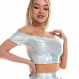 Sexy Slash Neck Off Shoulder Metallic Crop Glitter Holographic Tank Top Short Vest Rave Festival Clubwear