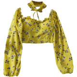 Bohemian Sexy Women Short Crop Tops 2021 Spring Summer Floral Print Ruffles Collar Chiffon Shirts Puff Long Sleeve Blouse