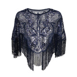 Women 1920s Flapper Embroidery Fringe Shawl Cover Up Gatsby Party Beaded Sequin Cape Vintage Mesh Scraf Wraps for Dresses