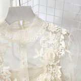 Spring Autumn Floral Embroidery Applique Sweet Tulle Mesh Dress Lantern Sleeve Elegant Midi Dress