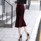 Tight Long Black Red Velvet Women Autumn High Waist Bodycon Maxi Fishtail Skirt