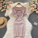 Round Neck Short Sleeve Striped Knitted Mini Dress Summer Cut Out Sexy Night Club Bodycon Dress