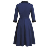 Winter Office Bandage50s  Casual Dress Long Sleeve Solid Blue Retro Vintage A Line Cotton Swing Rockabilly Party Dresses