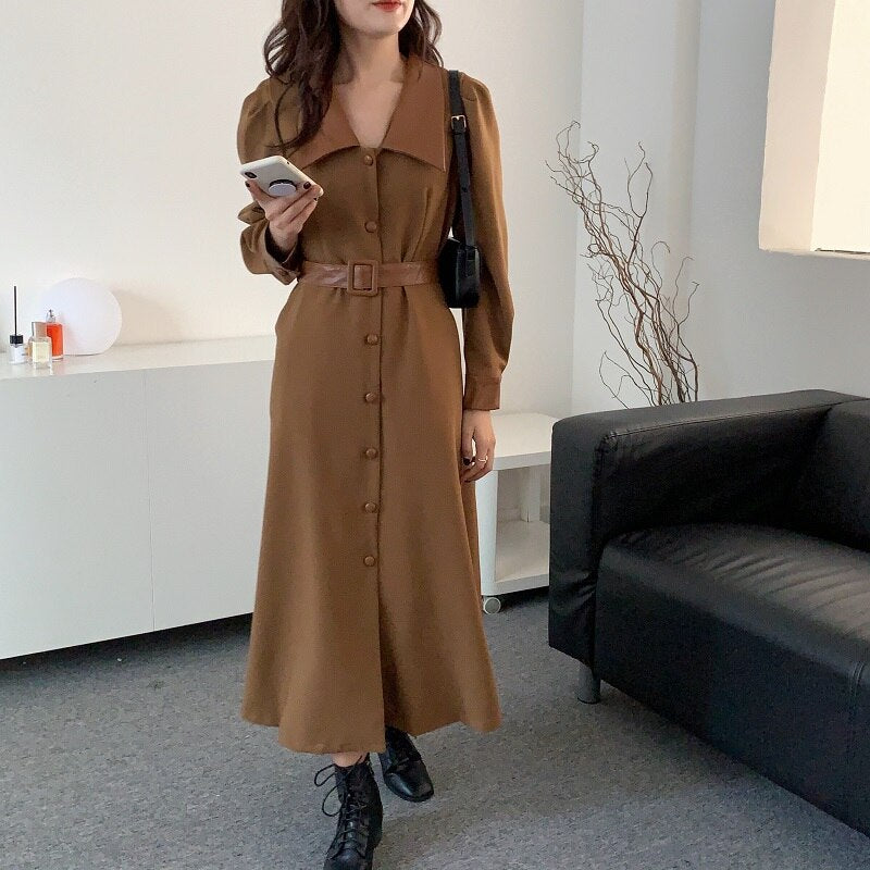 Office Long Sleeve Belted Shirt Dress PU Leather Trim Patchwork Button Up Midi Dress