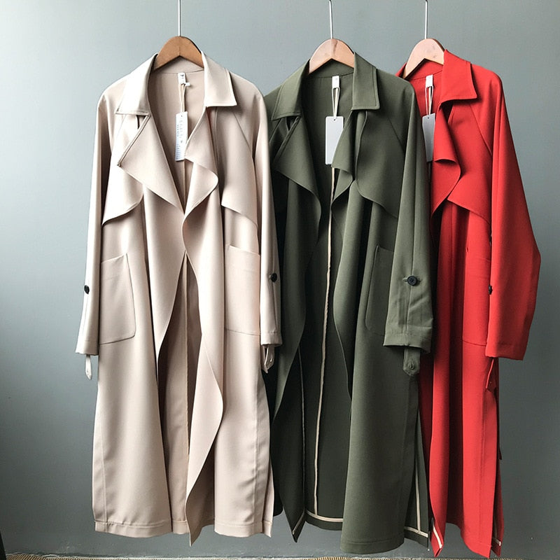 Harajuku Spring Women Long Turn Down Collar Solid Trench Coat Trench Femme Outwear
