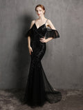 Spaghetti Strap Ruffle Sleeve Mermaid Evening Dress V Neck Sequins Party Prom Pink Floor Length Vestidoes