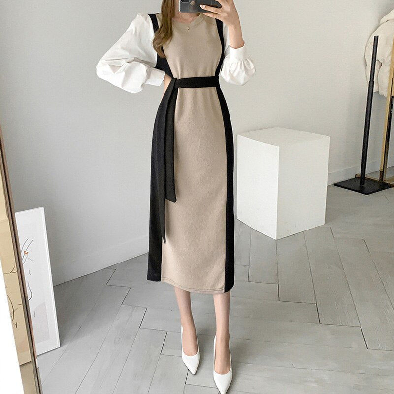 Office Color Block Knitted Midi Dress With Belt Long Shirt Sleeve Patchwork Winter Dress