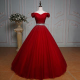 Off Shoulder Ball Beaded Evening Dress Party Elegant Short Sleeve Floor Length Vintage Tulle Prom Gowns