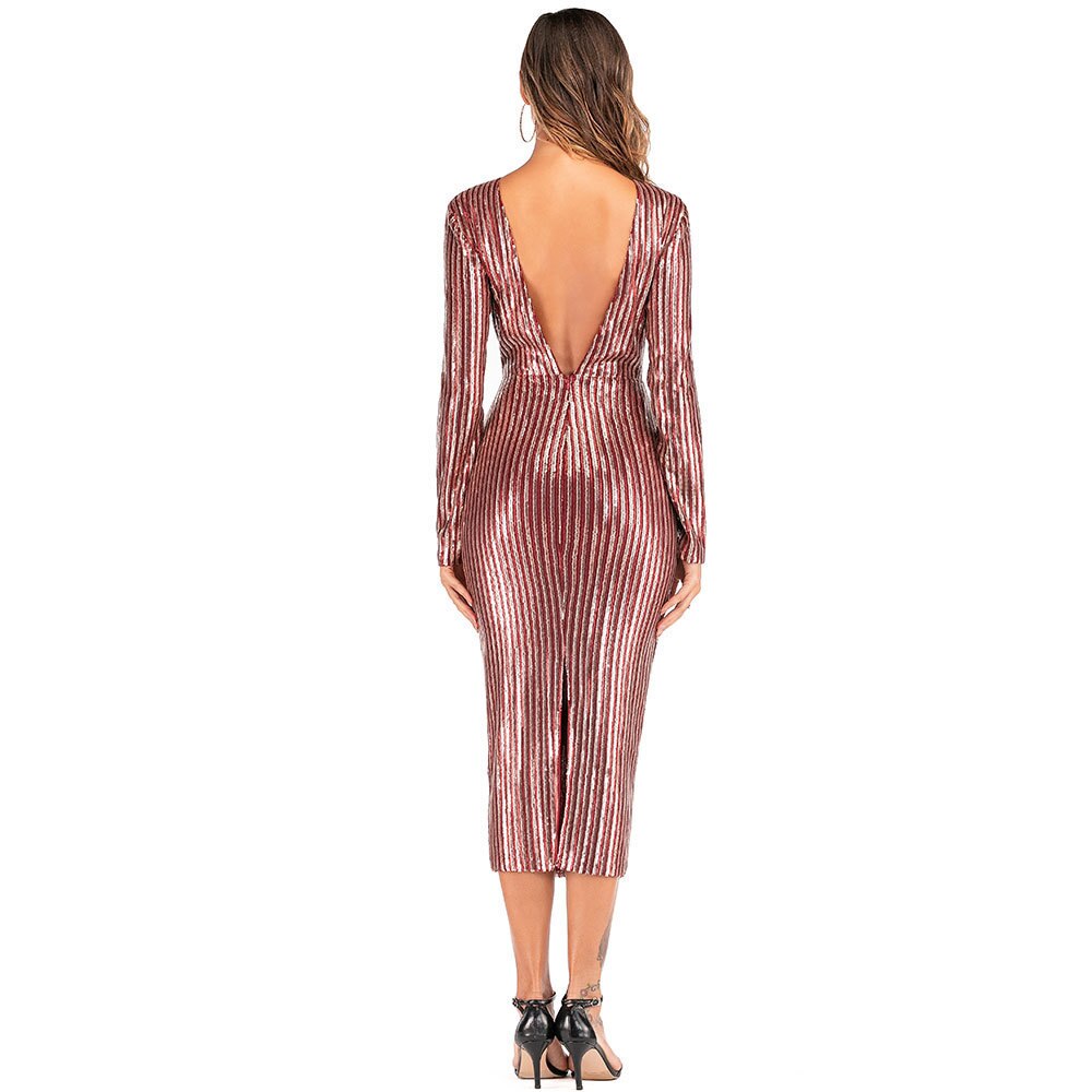 Champagne Gold Evening Dress Sexy Backless Formal Elegant Long Sleeve Sequins Women Party Dress