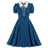 Blue Green Vintage Retro Chiffon Party Women Dress Polka Dots Print Turn Down Collar With Bow Rockabilly A Line Party Sundress