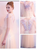 O-neck Applique embroidery Evening Dress Tulle A-line Prom Dress Short Sleeve Champagne Vestido