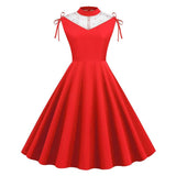 Contrast Mesh Pearls Beaded Elegant Party Mock Neck Tie Detail Women Vintage A-Line Summer Dress