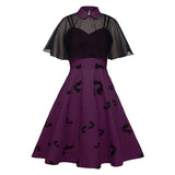 Chiffon Cape Bat Print Elegant Summer Midi High Waist Vintage Style Women Halloween Party Swing Dress