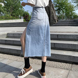 Summer High Waist Slit A-Line Denim Women Elegant Midi Jean Casual Maxi Long Skirts